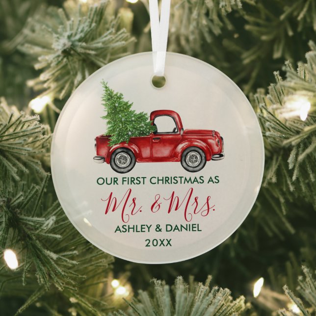 Calligraphy Mr. Mrs. Christmas Truck Red Green Glass Tree Decoration (Insitu)
