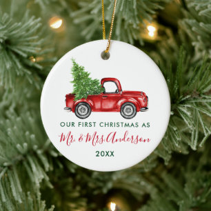 Calligraphy Mr. Mrs. First Christmas Red Truck Ceramic Ornament
