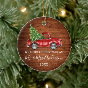 Calligraphy Mr. Mrs. First Christmas Wood Truck Ceramic Ornament