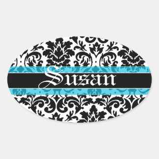 Calligraphy name art damask pattern oval sticker