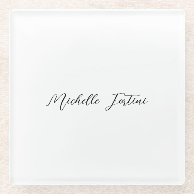 Calligraphy Name Elegant Plain Minimalist  Glass Coaster (Front)