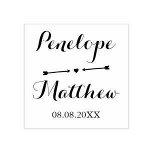 Calligraphy Names & Heart and Arrows Wedding Date Rubber Stamp
