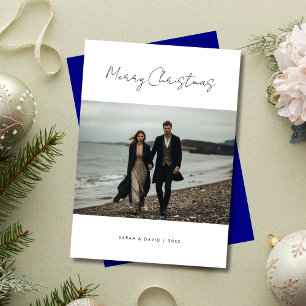 Calligraphy Nautical Navy Christmas Photo Beach Holiday Card