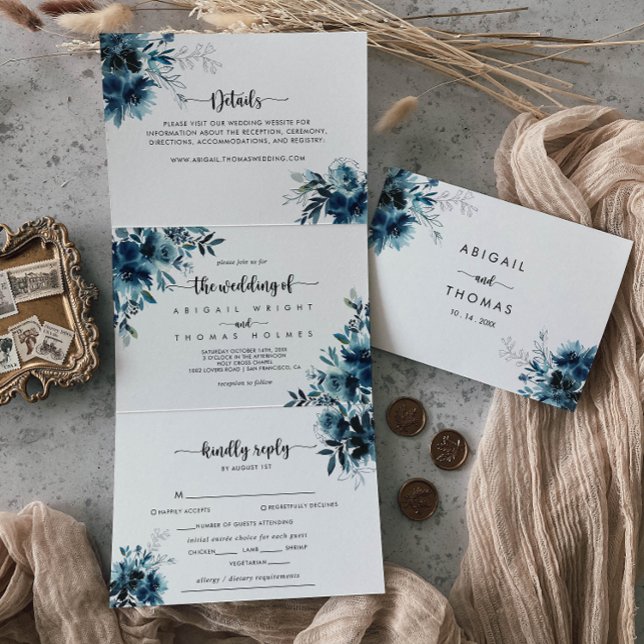 Calligraphy Navy Blue Floral Wedding Tri-Fold Invitation (Creator Uploaded)
