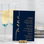 Calligraphy Navy Blue Gold Wedding Menu Poster<br><div class="desc">Calligraphy Navy Blue Gold Wedding Menu . This modern design has Menu in elegant set script running up the left hand side and the rest of the text is aligned to the right which you can easily personalise. Text and background colours can be changed to any of your choice via...</div>