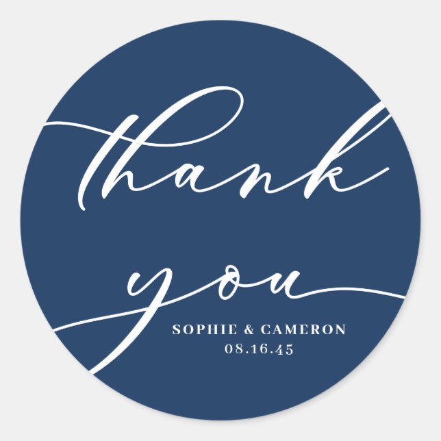 Calligraphy Navy Blue Wedding Thank You Classic Round Sticker (Front)