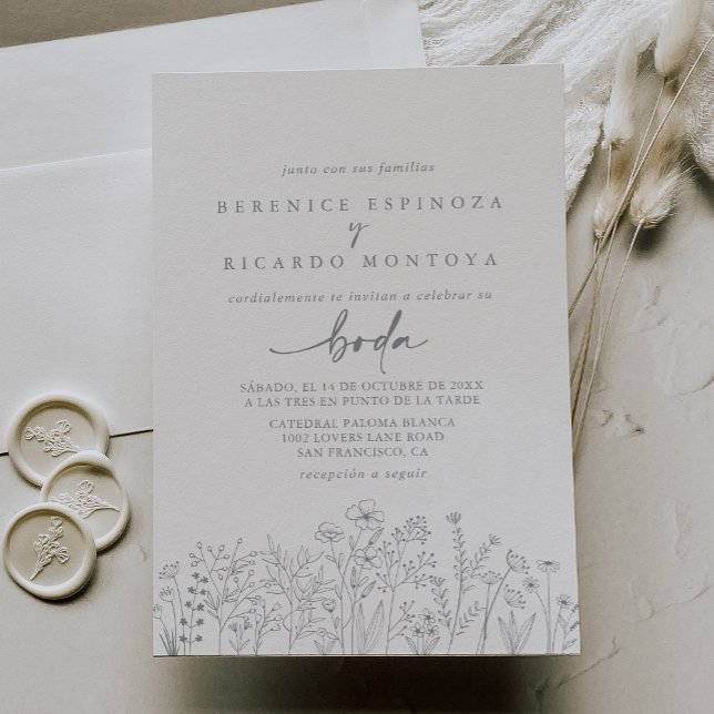 Calligraphy Neutral Wildflower Spanish Wedding  Invitation (Creator Uploaded)