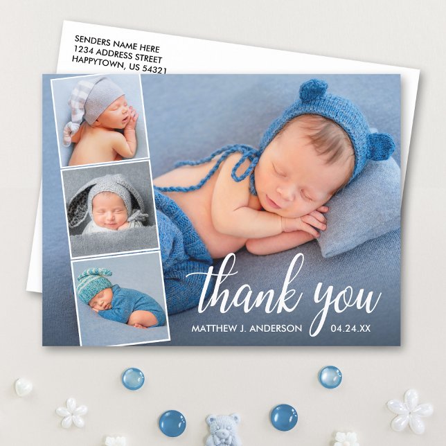 Calligraphy New Baby 4 Photo Collage Thank You Postcard (Customize to change your personalized text size or text style.)