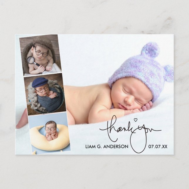 Calligraphy Newborn Baby 4 Photo Thank You Postcard (Front)