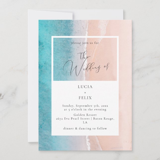 Calligraphy Ocean Deep Blue Beach Wedding Invitation (Front)