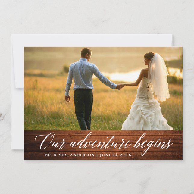 Calligraphy Our Adventure Begins Wood Wedding Thank You Card (Front)