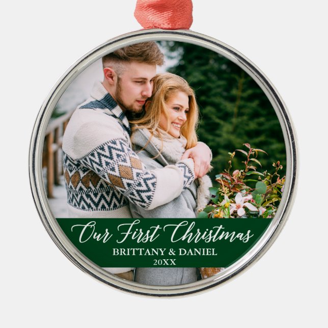 Calligraphy Our First Christmas Couple Green Metal Ornament (Front)