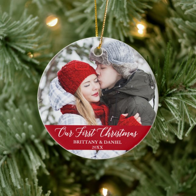 Calligraphy Our First Christmas Couple Photo Red Ceramic Ornament (Tree)
