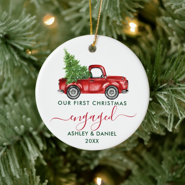Calligraphy Our First Christmas Engaged Red Truck Ceramic Ornament (Tree)