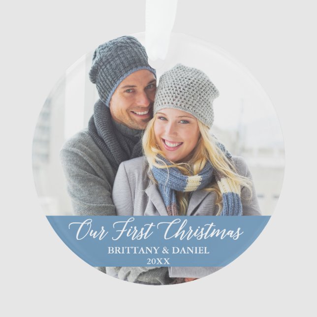 Calligraphy Our First Christmas Photo Light Blue Ornament (Front)