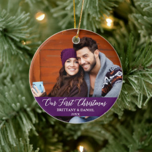 Calligraphy Our First Christmas Photo Purple Ceramic Ornament