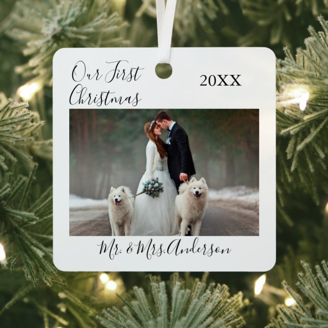 Calligraphy Our First Christmas Photo Wedding Metal Tree Decoration (Insitu)