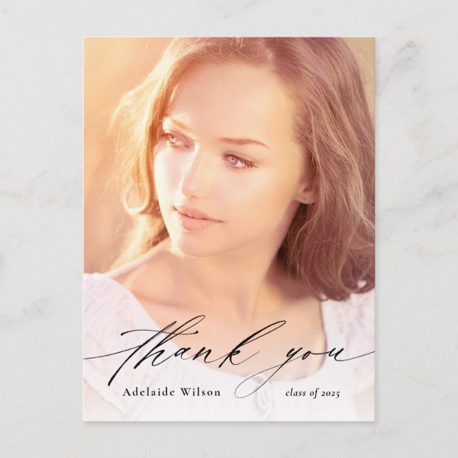 Calligraphy Overlay Photo Graduation Thank You Postcard (Front)