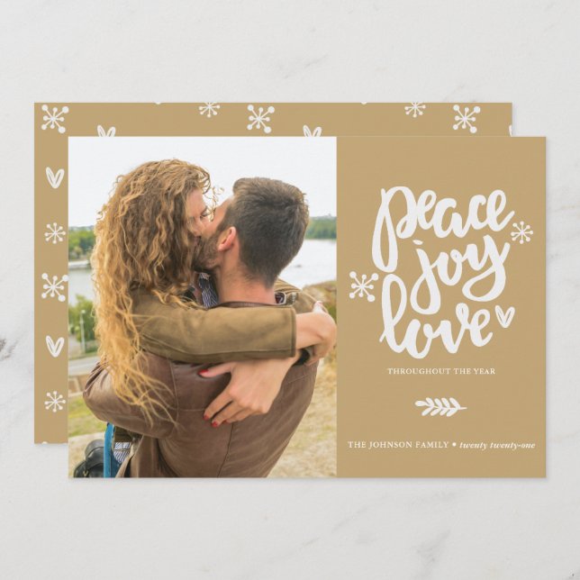 Calligraphy Peace Joy Love Photo Holiday Card (Front/Back)