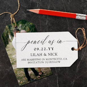 Calligraphy Pencil Us In Wedding Save the Date Gift Tags