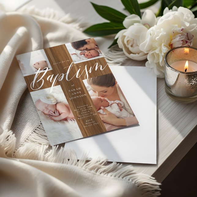 Calligraphy Photo Collage Baby Baptism Wood Cross  Invitation (Calligraphy Photo Collage Baby Baptism Wood Cross Invitation)