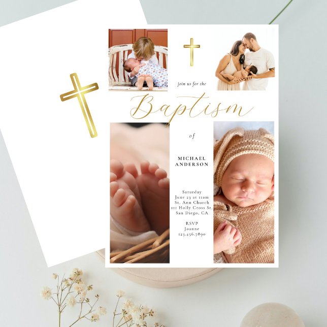 Calligraphy Photo Collage Gold Cross Baby Baptism Invitation (Creator Uploaded)