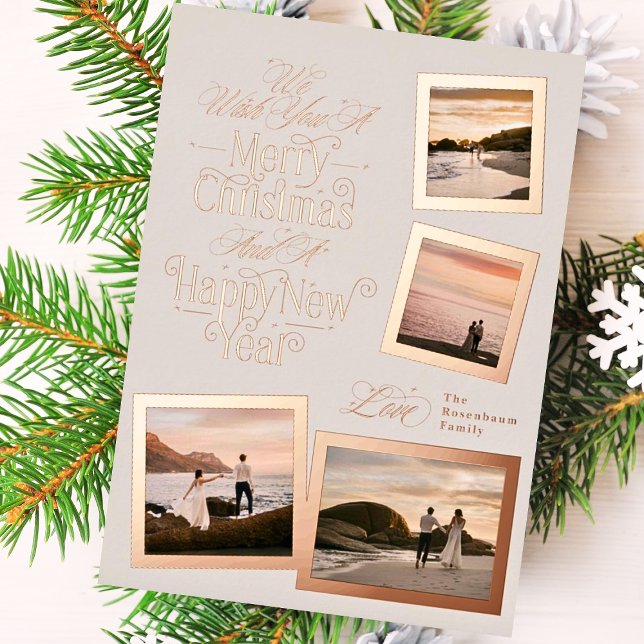 calligraphy photo collage new year merry christmas foil holiday card (Creator Uploaded)