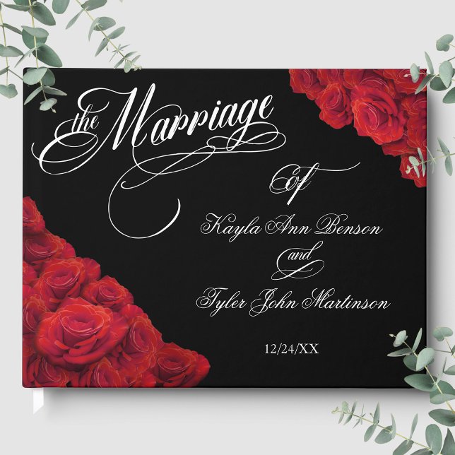 Calligraphy Photo Red Roses Black Wedding Guest Book (Calligraphy Photo Red Roses Black Wedding Guest Book Front)