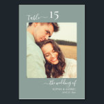 Calligraphy Photo Wedding Double Sided Sage Green Table Number<br><div class="desc">Elegant Calligraphy Script Sage Green Wedding Table Numbers Double Sided with custom personalised photo. Help your guests easily find their way with these simple elegant double sided table number cards. Easily to add the photos, numbers, names and date! Features a pretty hand lettering calligraphy "the wedding of", "table" script and...</div>