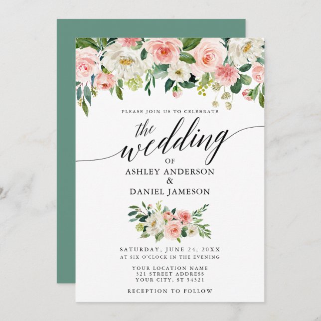 Calligraphy Pink Blush Floral Green Wedding Invitation (Front/Back)
