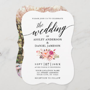 Calligraphy Pink Blush Floral Photo Wedding Invitation