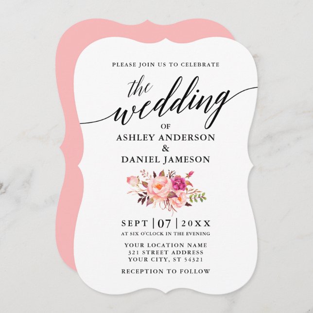 Calligraphy Pink Blush Floral Wedding Invitation (Front/Back)