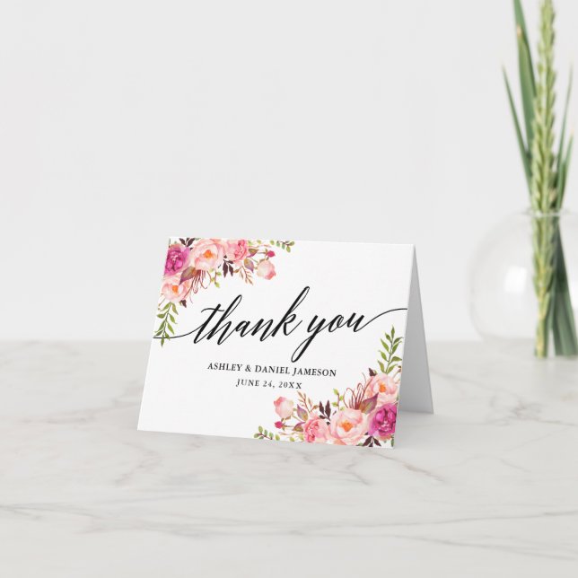 Calligraphy Pink Blush Floral Wedding Note Thank You Card (Front)