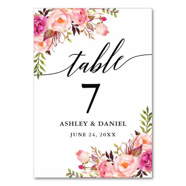 Calligraphy Pink Blush Floral Wedding Table Number (Front)