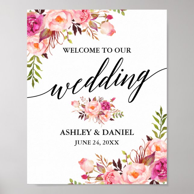 Calligraphy Pink Blush Floral Wedding Welcome Poster (Front)