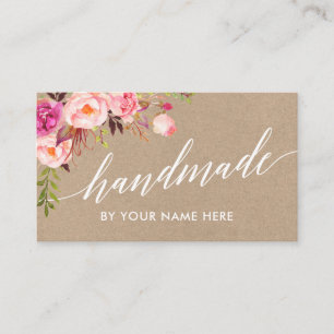 Calligraphy Pink Floral Hand Made Kraft Style Business Card