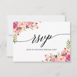 Calligraphy Pink Floral Wedding RSVP Meal Card