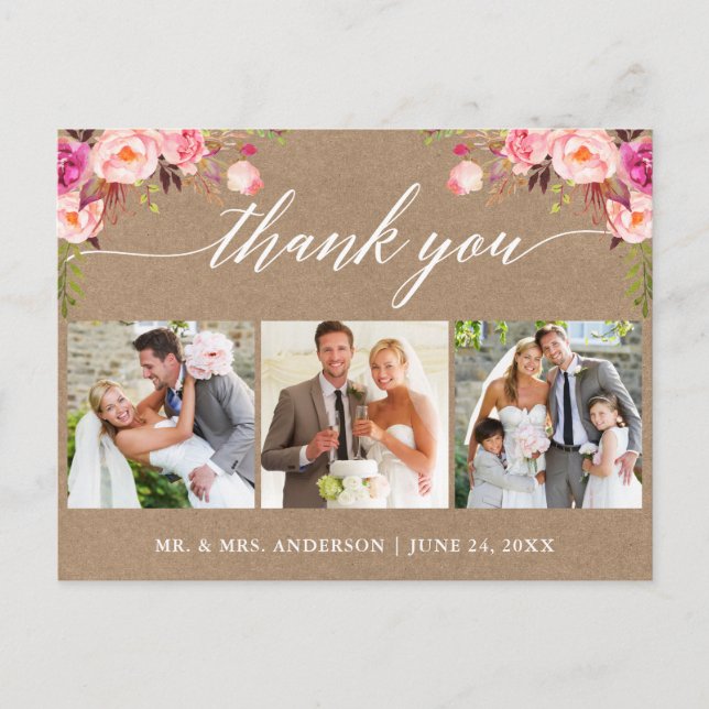 Calligraphy Pink Floral Wedding Thank You Kraft Postcard (Front)
