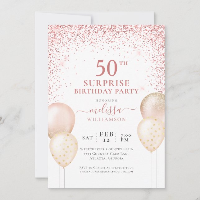 Calligraphy Pink Glitter Surprise 50th Birthday Invitation (Front)
