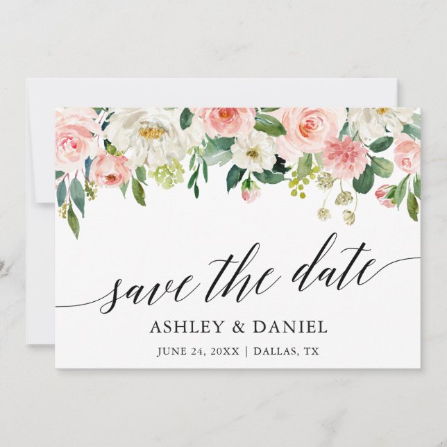 Calligraphy Pink White Floral Save The Date Card (Front)