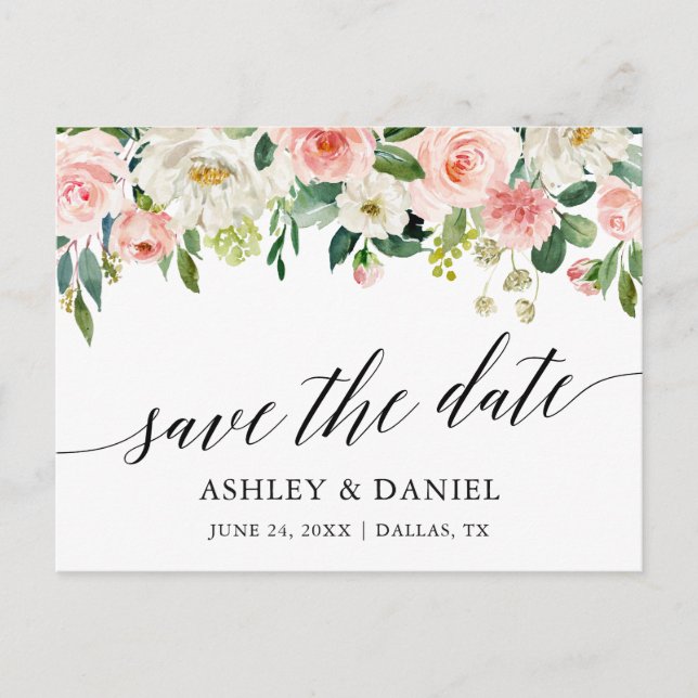 Calligraphy Pink White Floral Save The Date Postcard (Front)