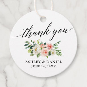 Calligraphy Pink White Floral Thank You Wedding Rd Favour Tags