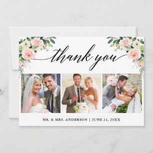 Calligraphy Pink White Floral Wedding 3 Photo Thank You Card