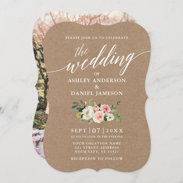 Calligraphy Pink White Floral Wedding Kraft Photo Invitation (Front/Back)