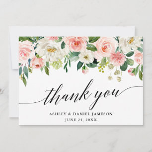 Calligraphy Pink White Floral Wedding Thank You Card