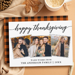 Calligraphy Plaid Happy Thanksgiving 3 Photos Holiday Card