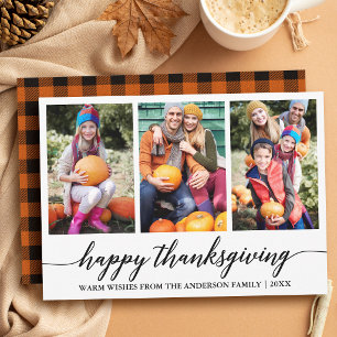 Calligraphy Plaid Thanksgiving 3 Photo Holiday Card