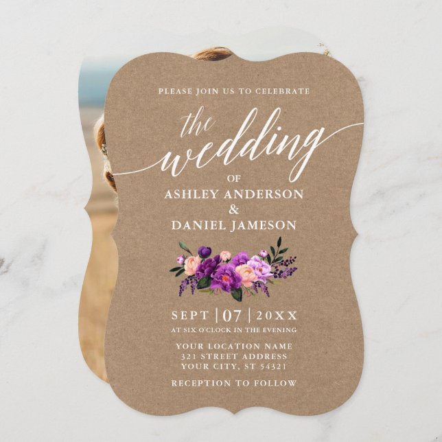 Calligraphy Purple Floral Wedding Kraft Photo Invitation (Front/Back)