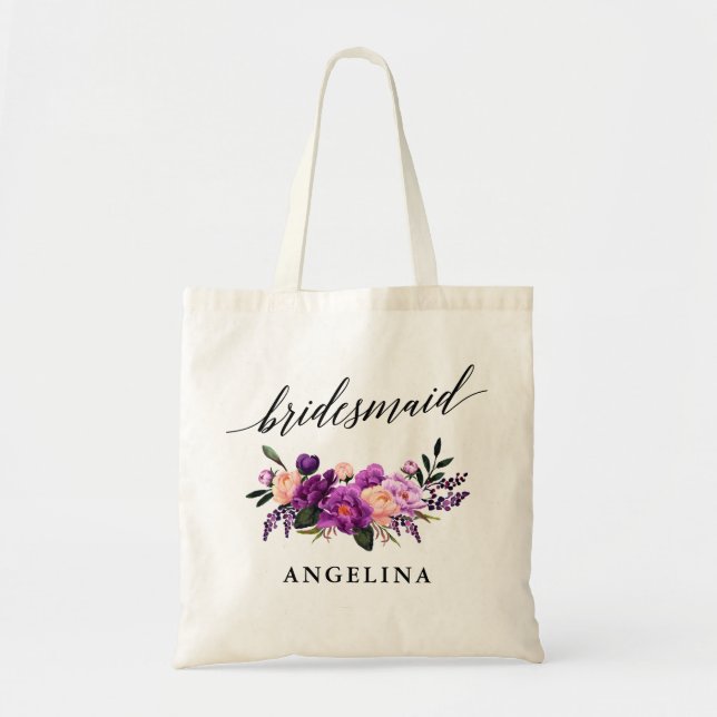Calligraphy Purple Violet Floral Bridesmaid Name Tote Bag (Front)
