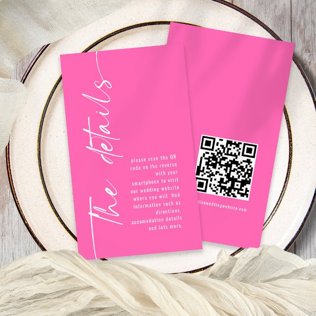 Calligraphy QR Code Hot Pink Wedding Details Enclosure Card (Front and back view)